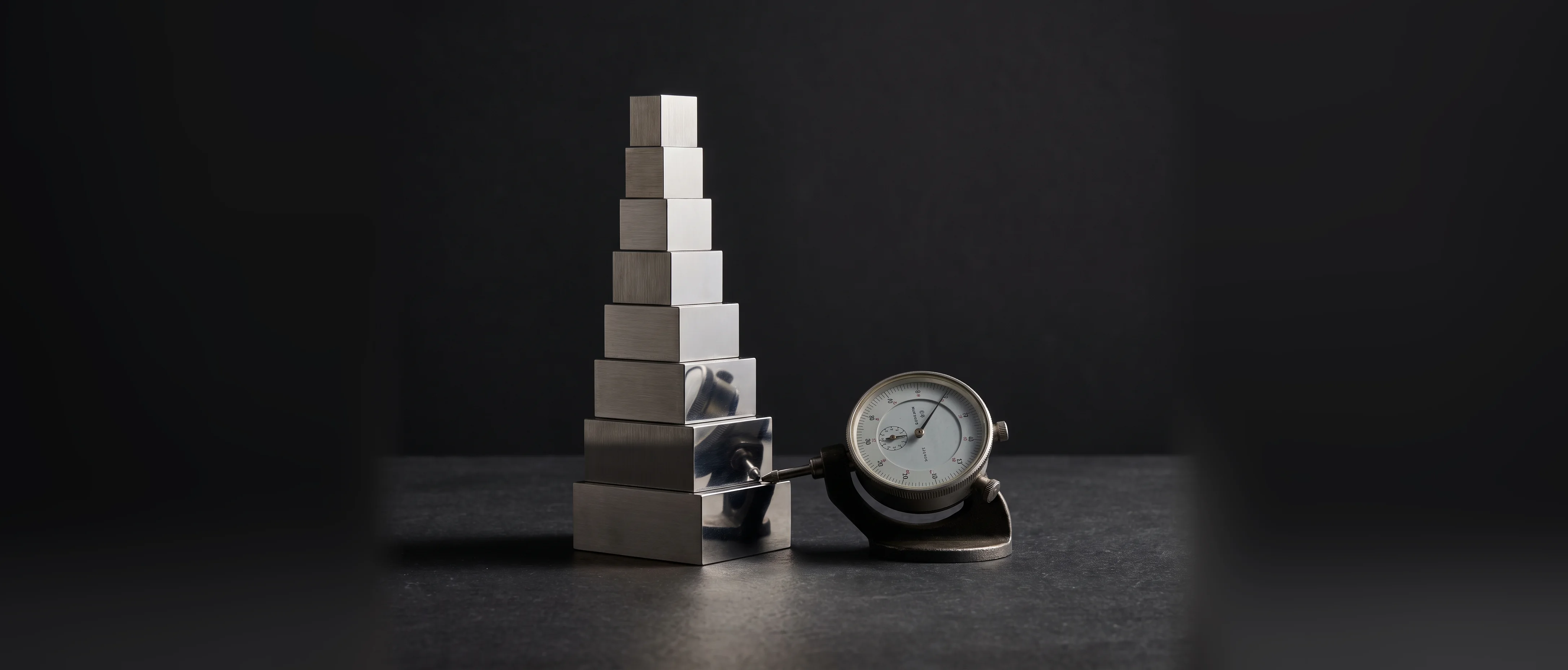 Precision-ground steel gauge blocks beside a dial indicator
