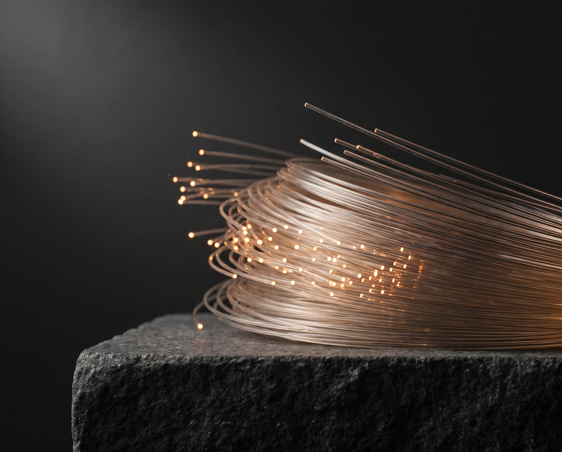 A coil of optical fibre, the cut ends lit